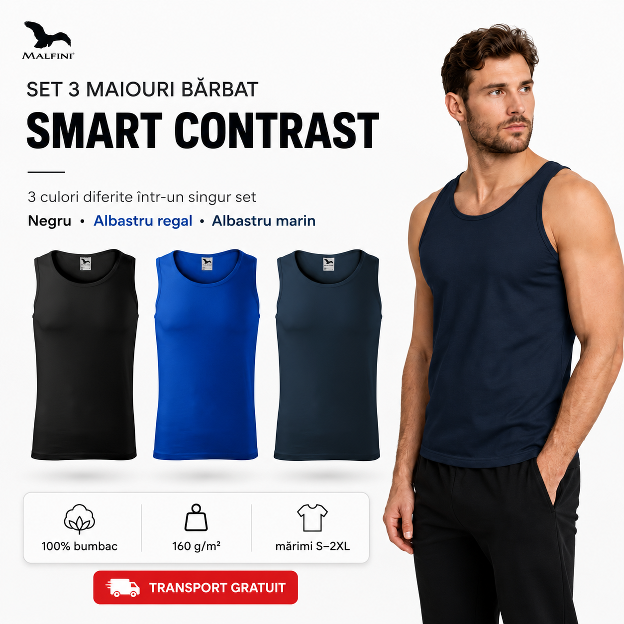 Beneficii set Smart Contrast, 3 maiouri bărbat, 100% bumbac, 160 g/m&sup2;, respirabil, confortabil, look modern